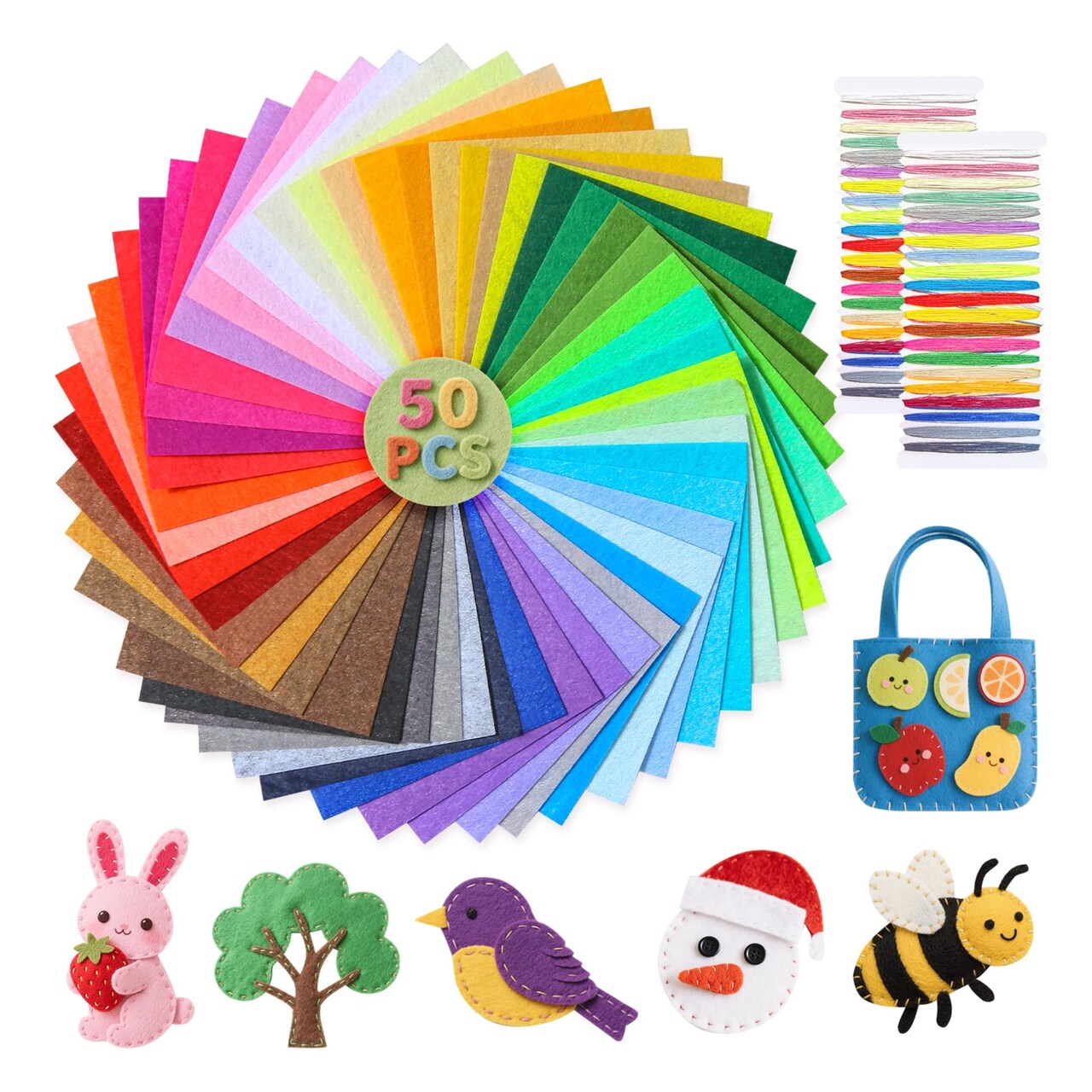 50Pcs Felt Sheets for Crafts with Thread 4"x4" Felt Fabric Sheets Assorted Colors 1mm Stiff Felt for Crafting DIY Handwork Sewing Patchwork (50 Colors)